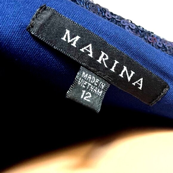 Vintage Marina Navy Blue Sequined Gown Size 12 Off The Shoulder Formal - Picture 14 of 14